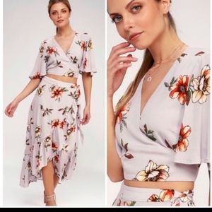 Lulus Lavender Floral Wrap Skirt Top Set 2 Piece